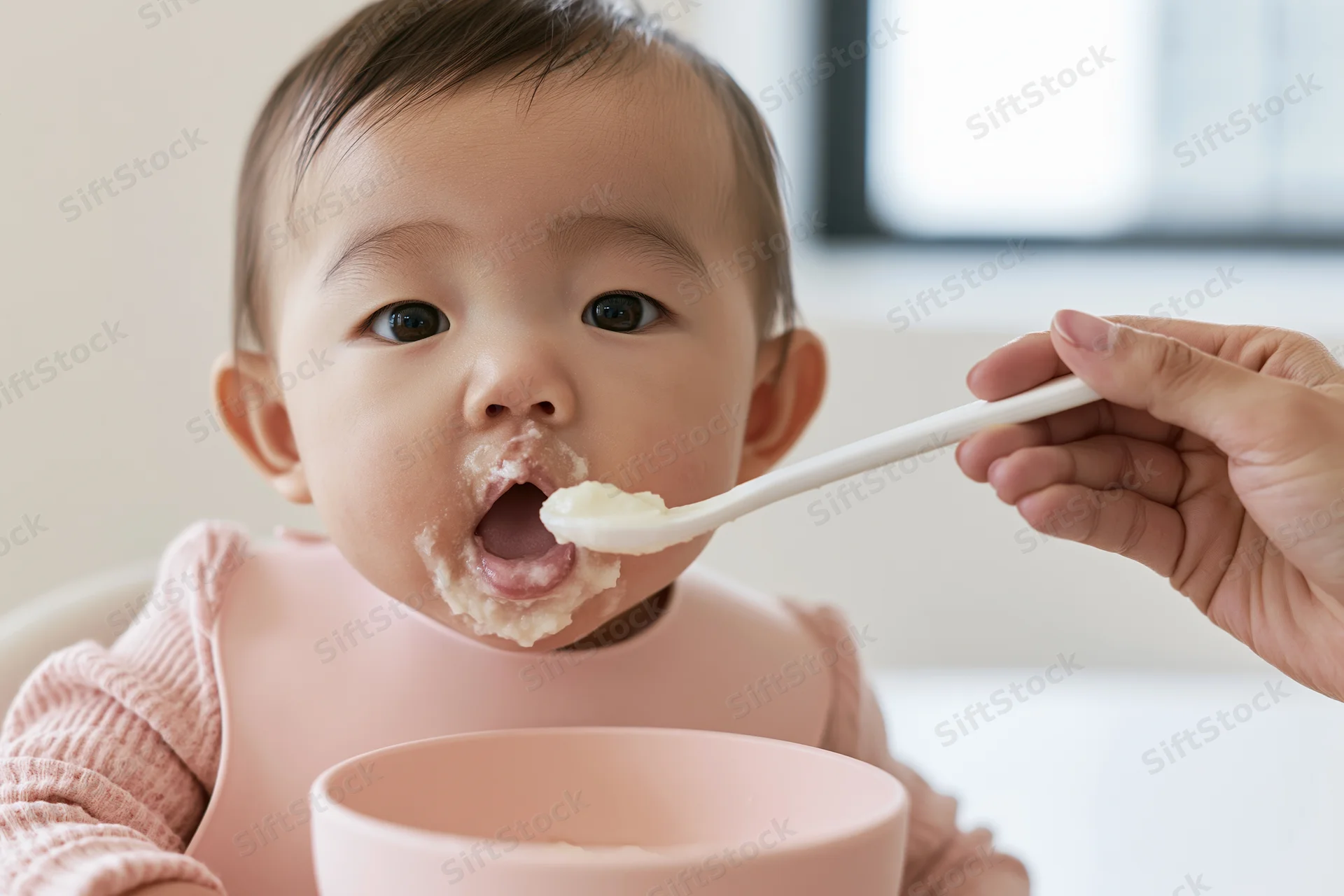 Baby being spoon-fed pureed food with open mouth, wearing pink bib, seated at home