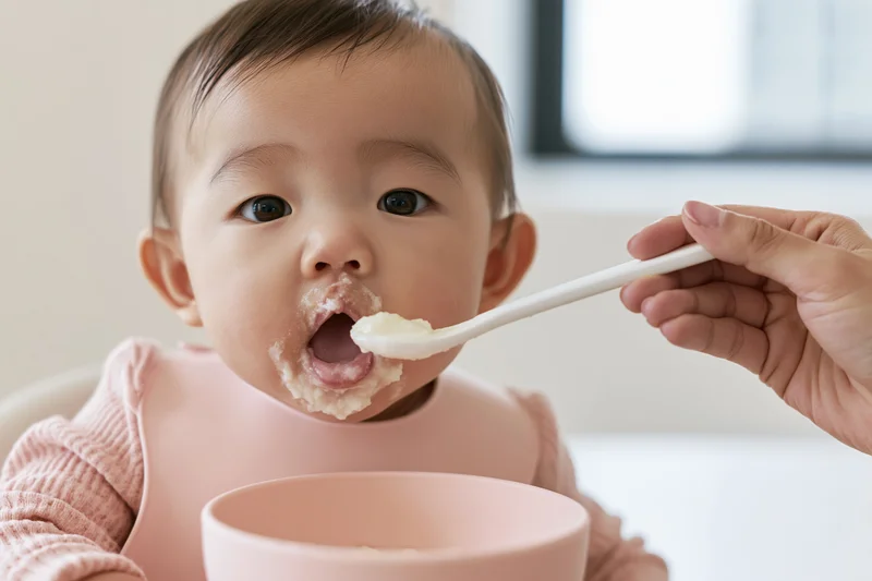 Baby being spoon-fed pureed food with open mouth, wearing pink bib, seated at home