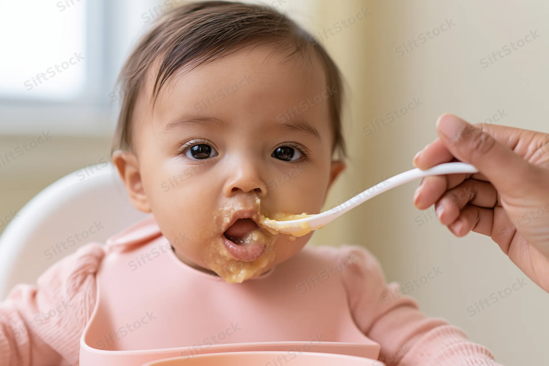 Baby being spoon-fed pureed food in highchair with bib on