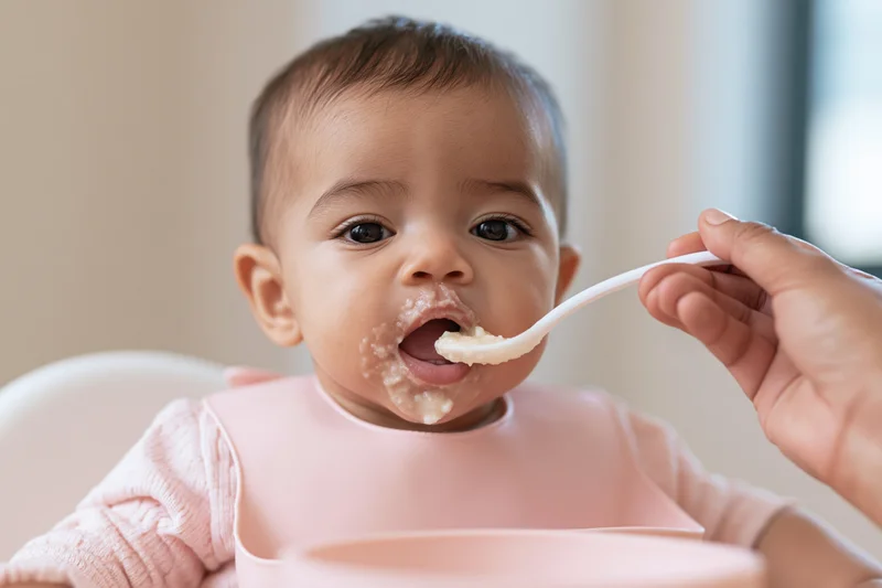 Baby being spoon-fed pureed food with bib on highchair