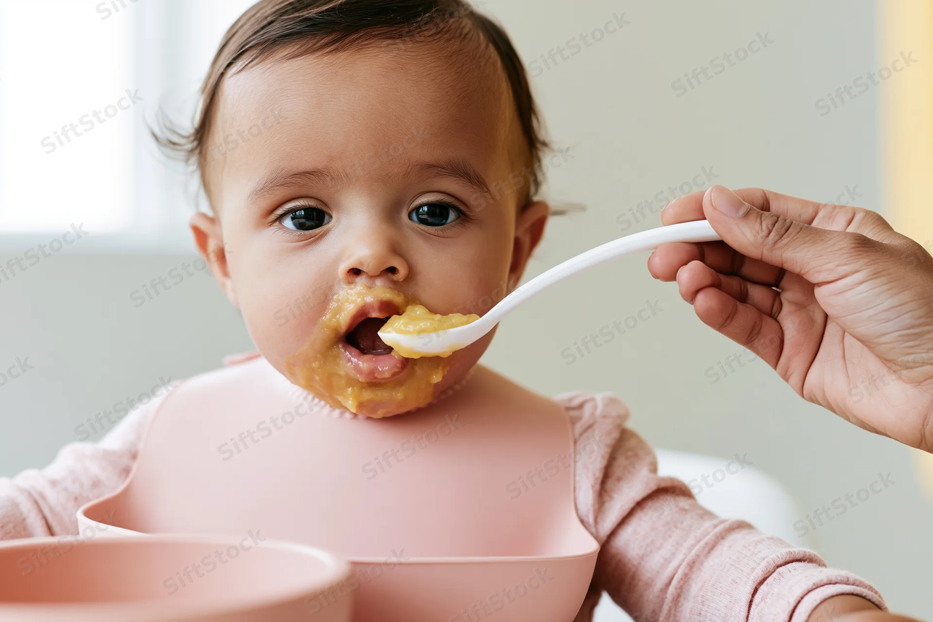 Baby being spoon-fed pureed food with bib on, close-up view