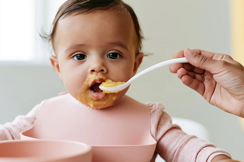 Baby being spoon-fed pureed food with bib on, close-up view
