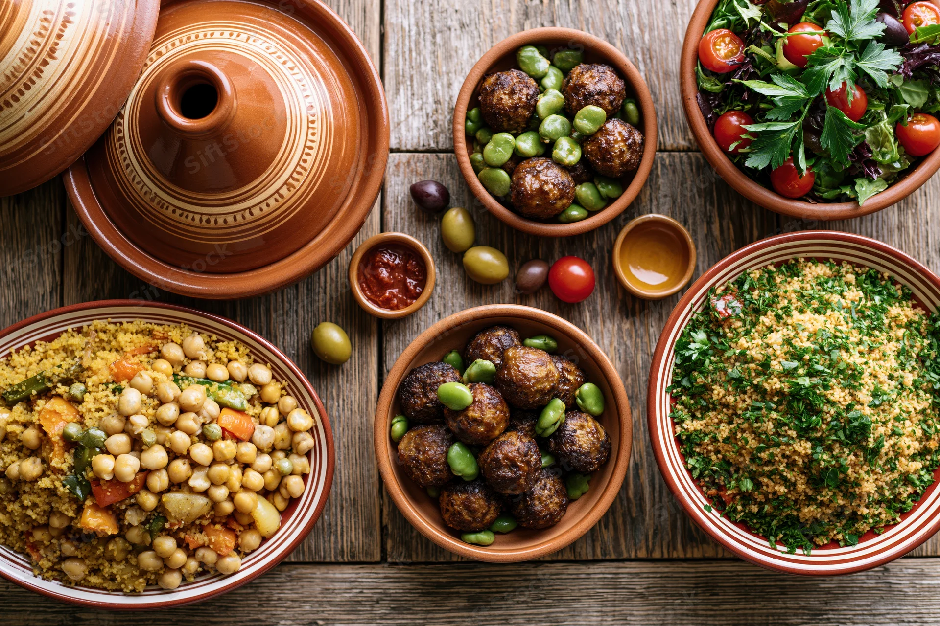 Moroccan feast spread across weathered wooden table with tagine, bowls of couscous, meatballs, salad and olives