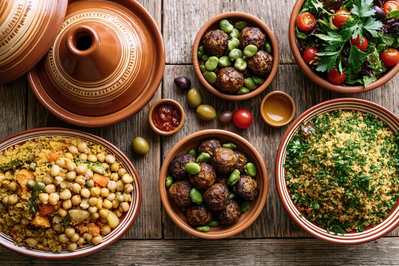 Moroccan feast spread across weathered wooden table with tagine, bowls of couscous, meatballs, salad and olives