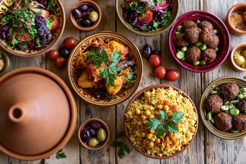 Moroccan feast spread across a weathered wooden table overhead view