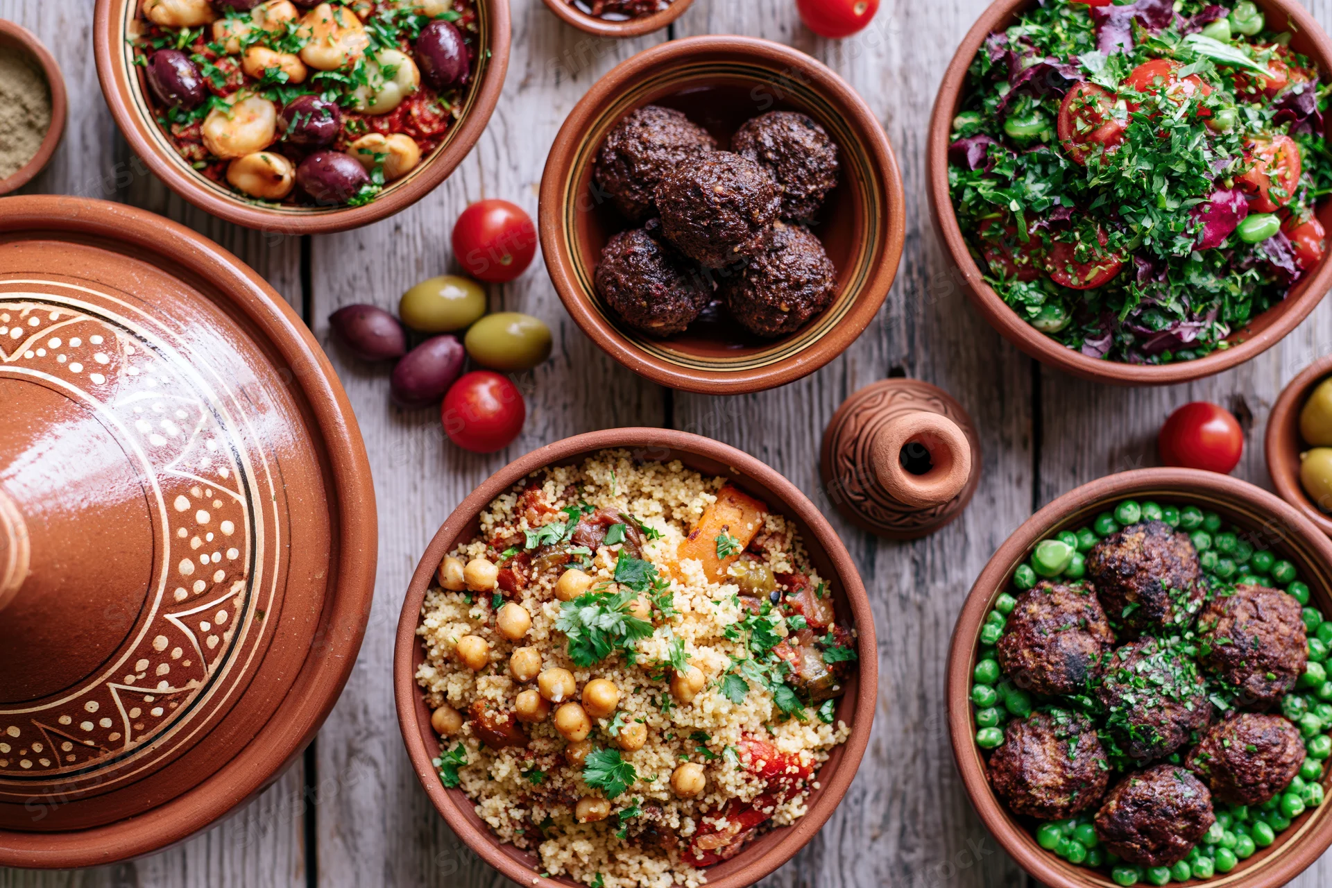 Moroccan feast spread across weathered wooden table with clay bowls of couscous, meatballs, salad, olives and peas