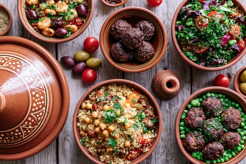 Moroccan feast spread across weathered wooden table with clay bowls of couscous, meatballs, salad, olives and peas