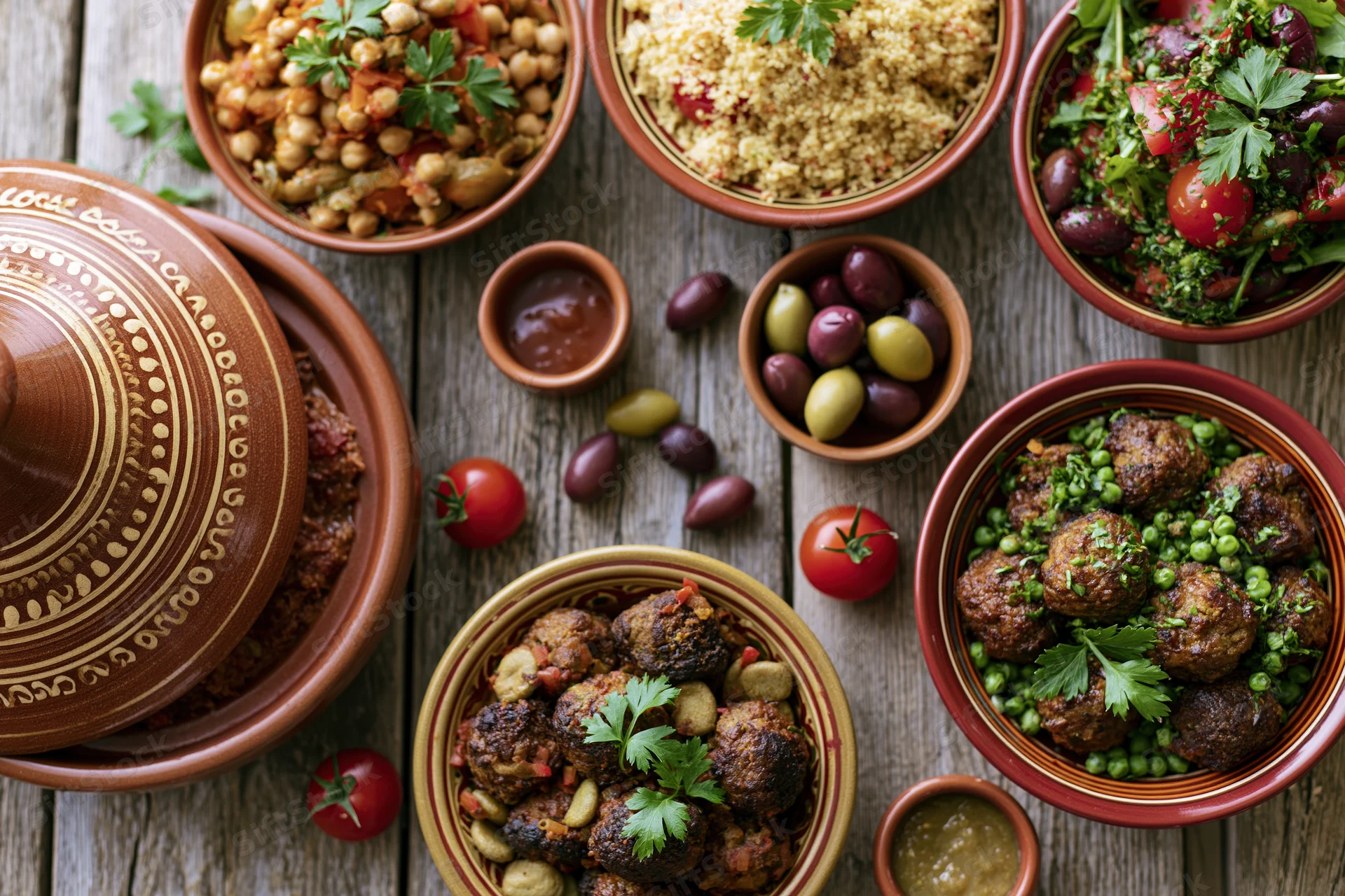 Moroccan feast spread across weathered wooden table with tagine, couscous, meatballs, olives and herbs in ceramic bowls
