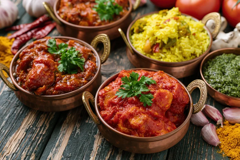 Multiple indian curries and rice served in traditional copper karahi bowls on a wooden table