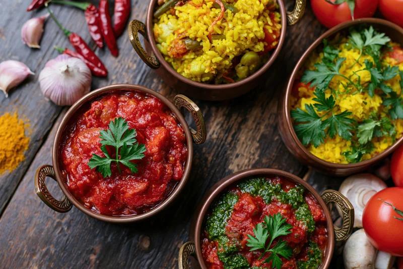 Indian dishes served in copper karahi bowls on wooden table with fresh herbs and spices
