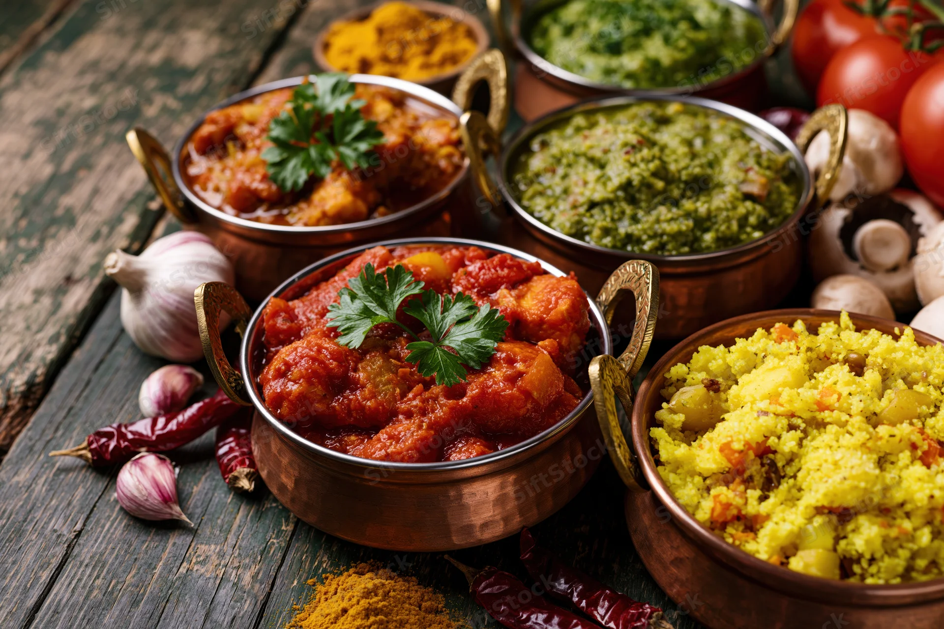 Multiple indian curries and rice served in copper karahi bowls on a rustic wooden table