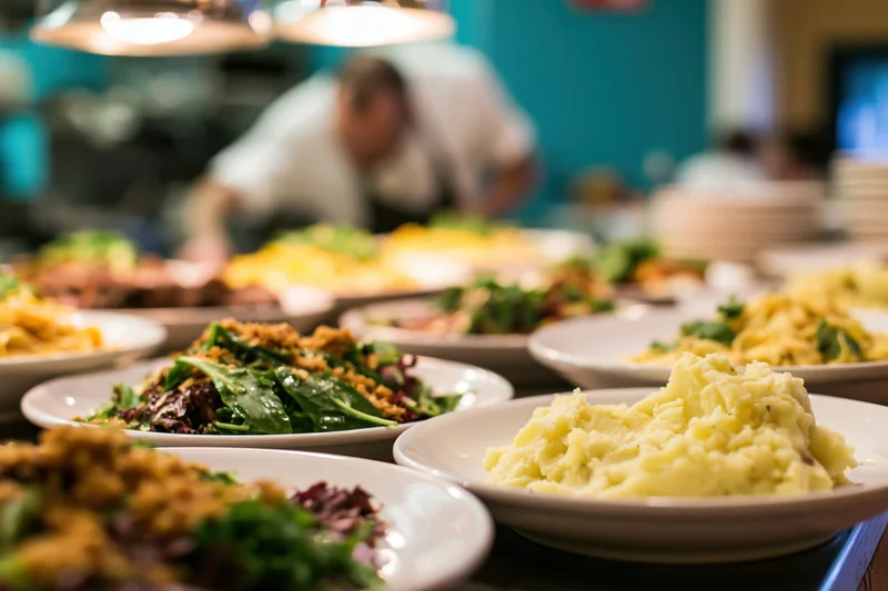 Multiple plated dishes arranged on a restaurant pass counter with a chef working in the background