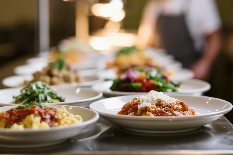 Multiple plated dishes arranged in a row on a stainless steel counter in a restaurant kitchen