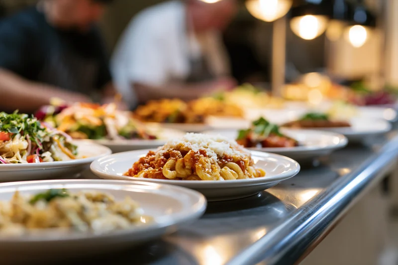 Multiple plated dishes lined up on a stainless steel restaurant counter