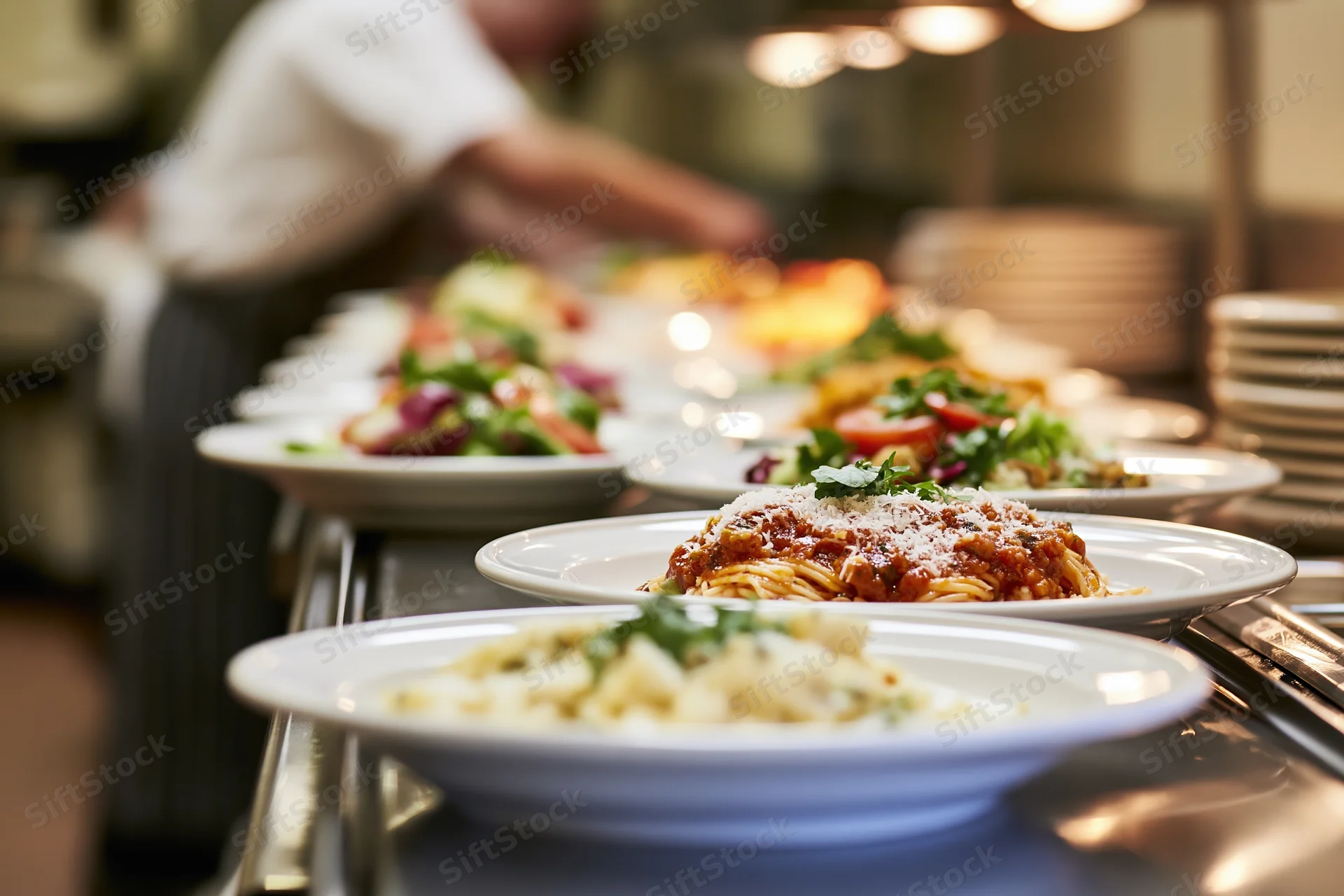 Multiple plated dishes including pasta and salad arranged in a row on a stainless steel counter in a restaurant kitchen with a chef in the background
