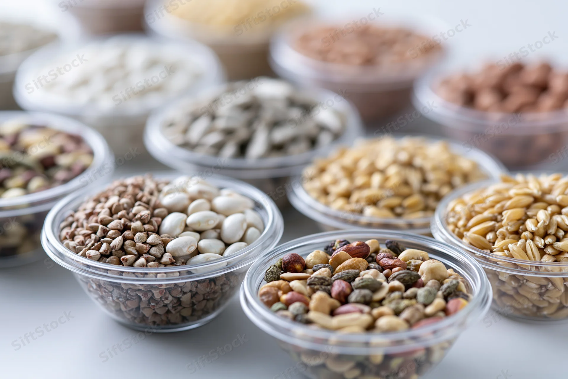 Multiple clear plastic bowls filled with assorted grains, legumes and seeds arranged on a white surface