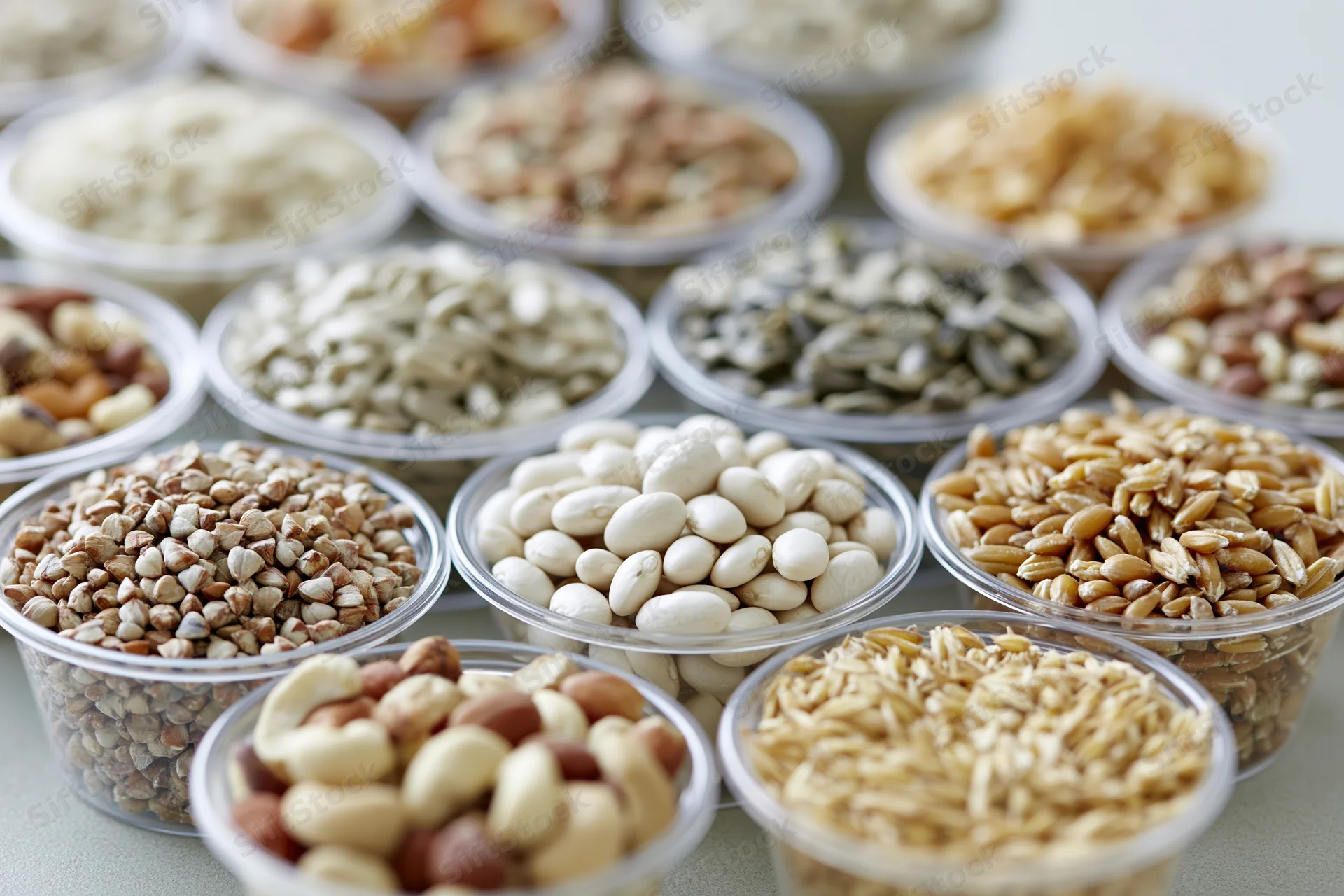 Multiple clear plastic bowls filled with assorted grains and seeds arranged on a light surface