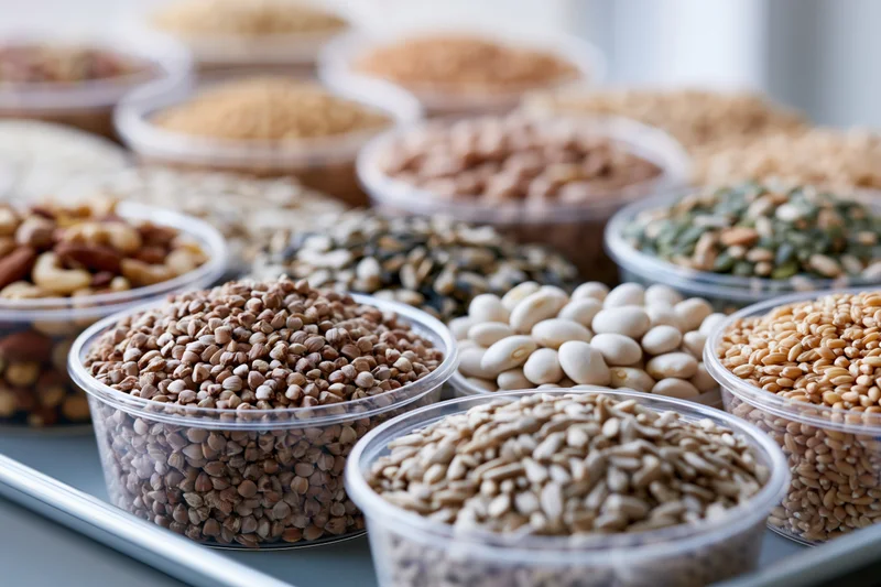 Clear plastic bowls filled with assorted grains and seeds arranged on a tray