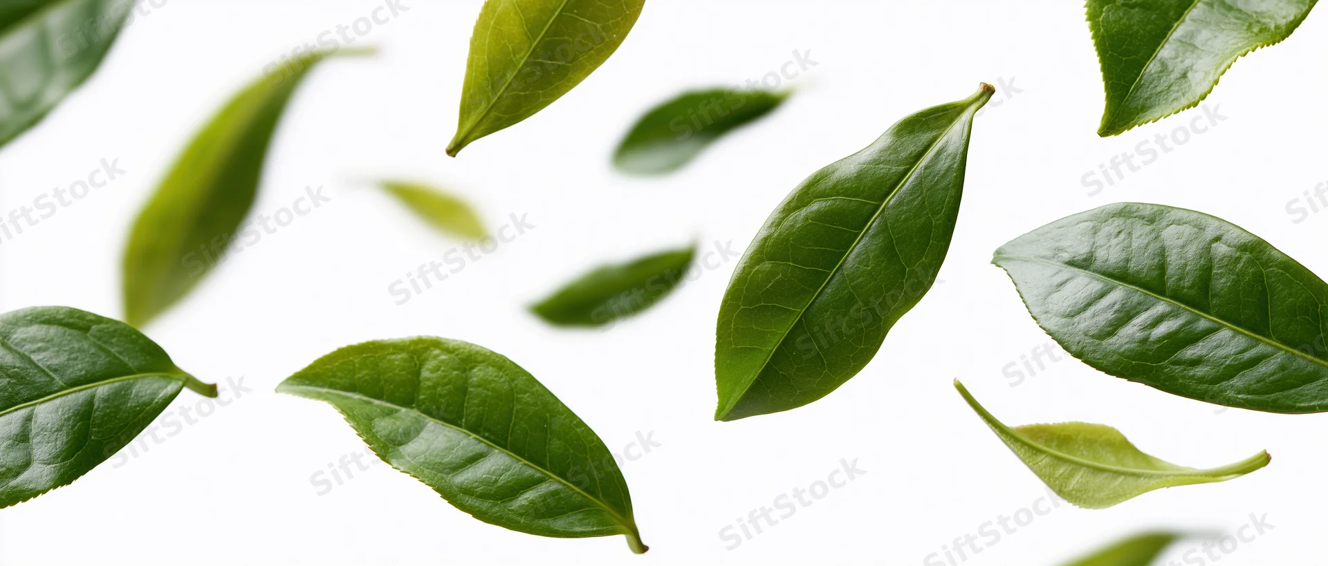 Green tea leaves floating midair against white background