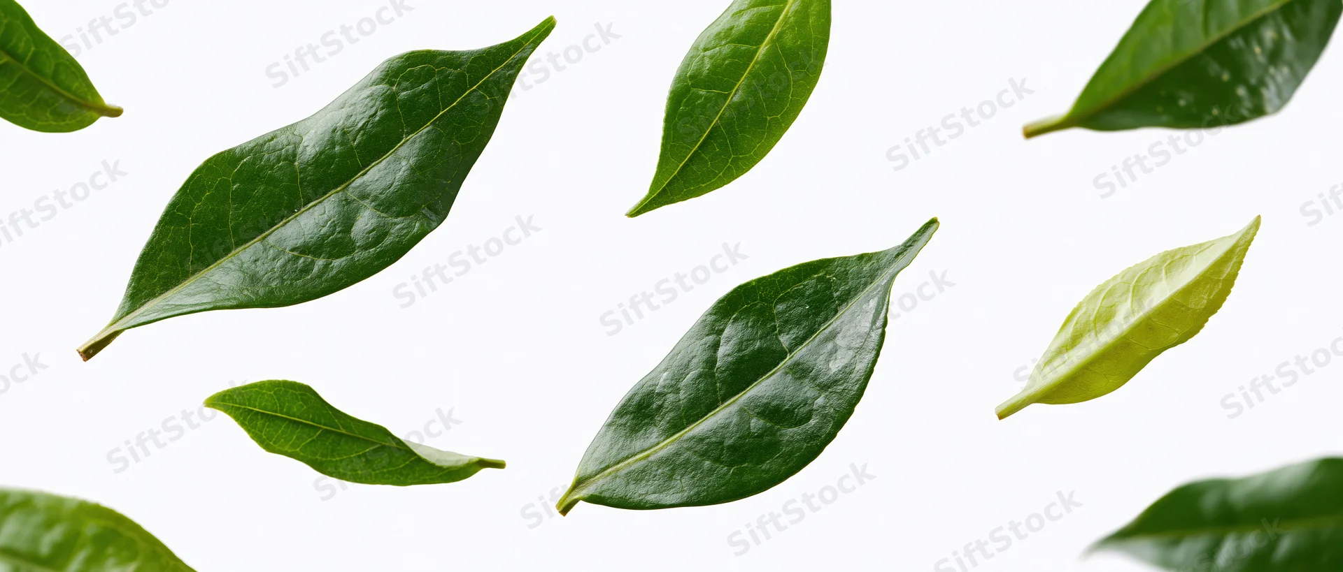 Green tea leaves floating midair against white background