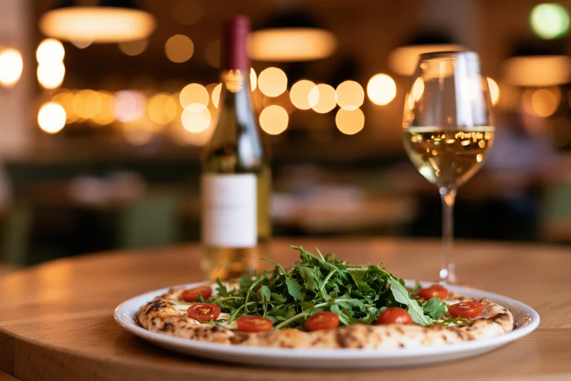 Neapolitan pizza topped with arugula and cherry tomatoes on a wooden table with wine glass and bottle in a warmly lit restaurant