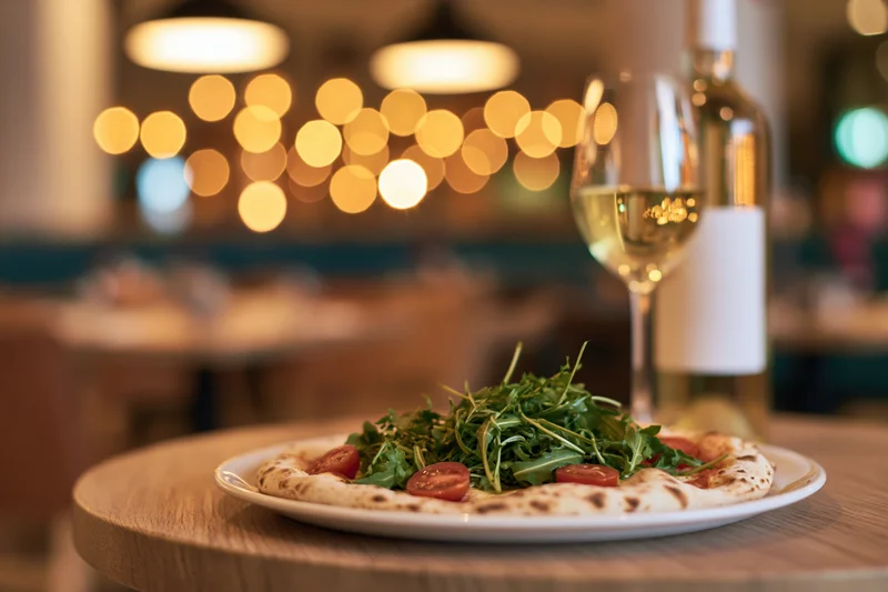Neapolitan pizza topped with arugula and cherry tomatoes on a wooden table in a restaurant with warm bokeh lighting