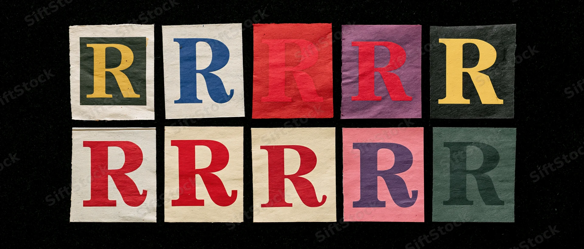 Nine cut-out paper squares each displaying the letter r in different colors and fonts arranged in two rows on a black background