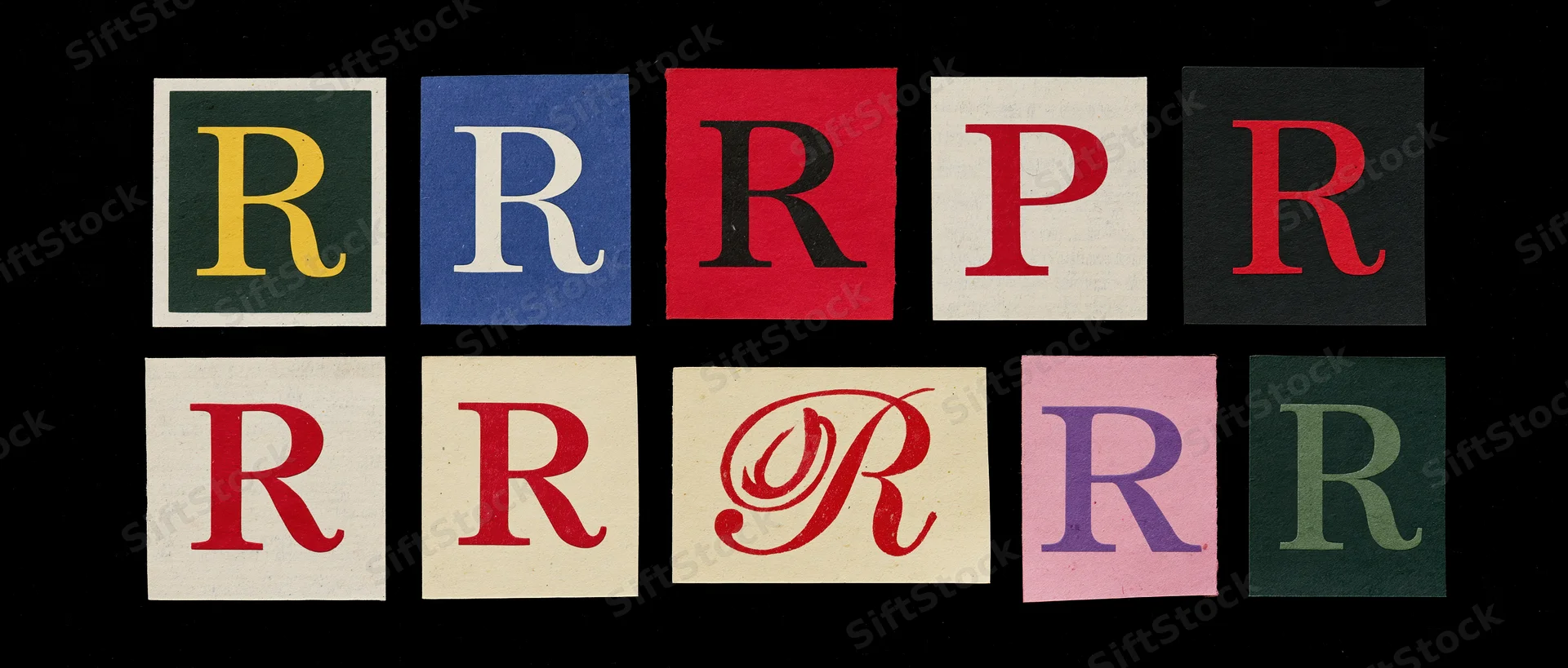 Nine cut-out paper squares with letter r in various fonts and colors arranged in two rows against black background