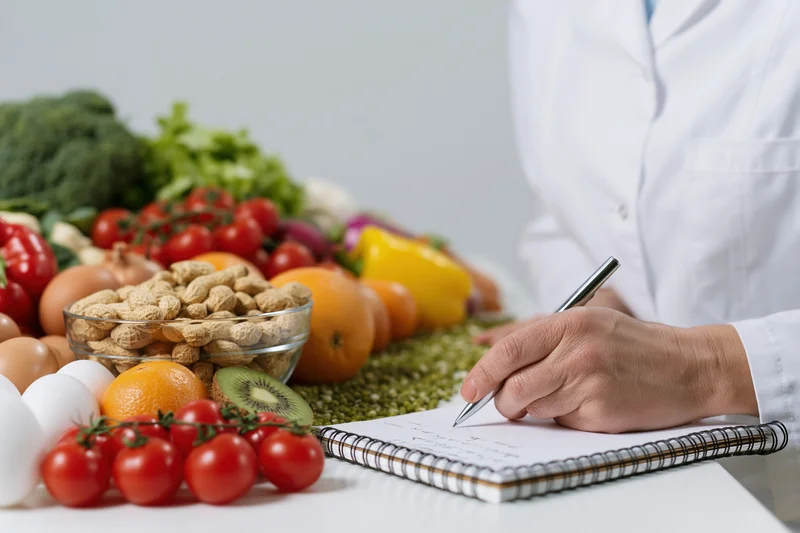 Nutritionist in white lab coat writing notes in spiral notebook beside fresh vegetables and fruits on table