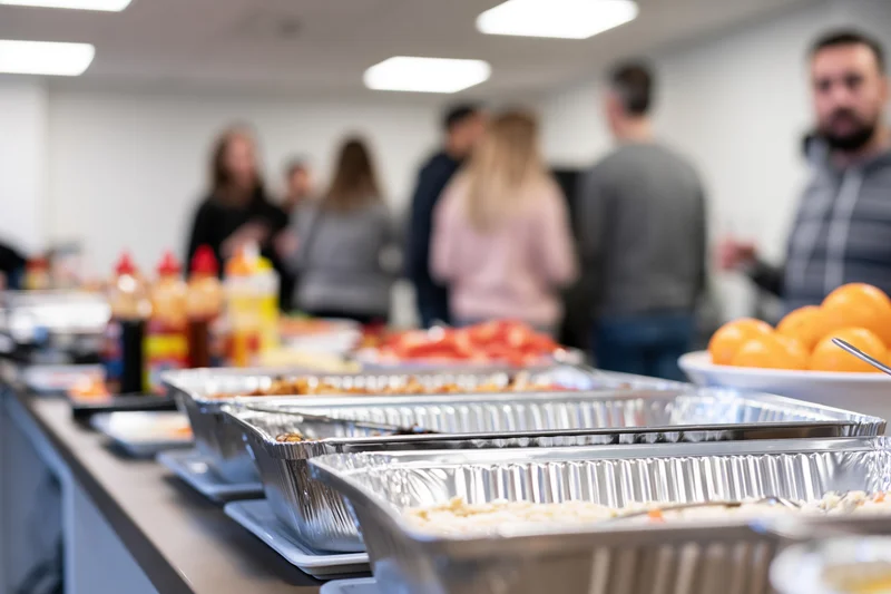 Aluminum trays filled with food on a buffet table in an office breakroom with employees in the background