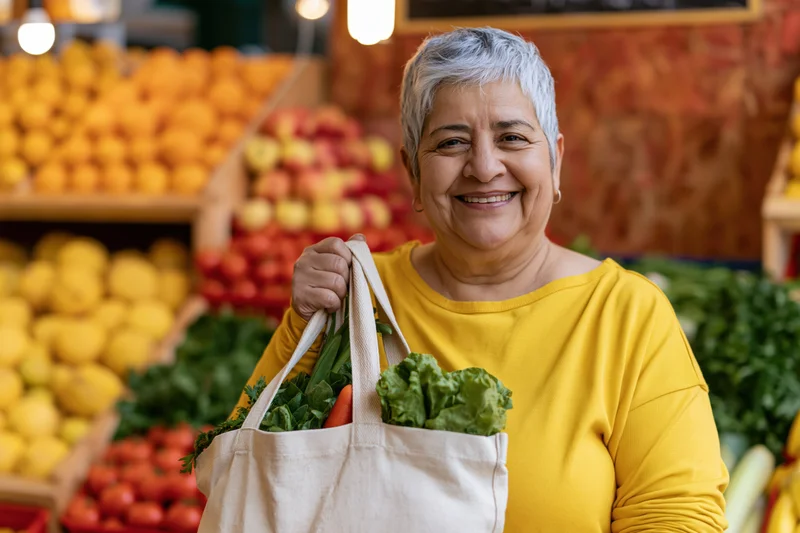 Senior latin woman smiling while holding a reusable tote bag filled with fresh vegetables and fruits in a grocery store produce section