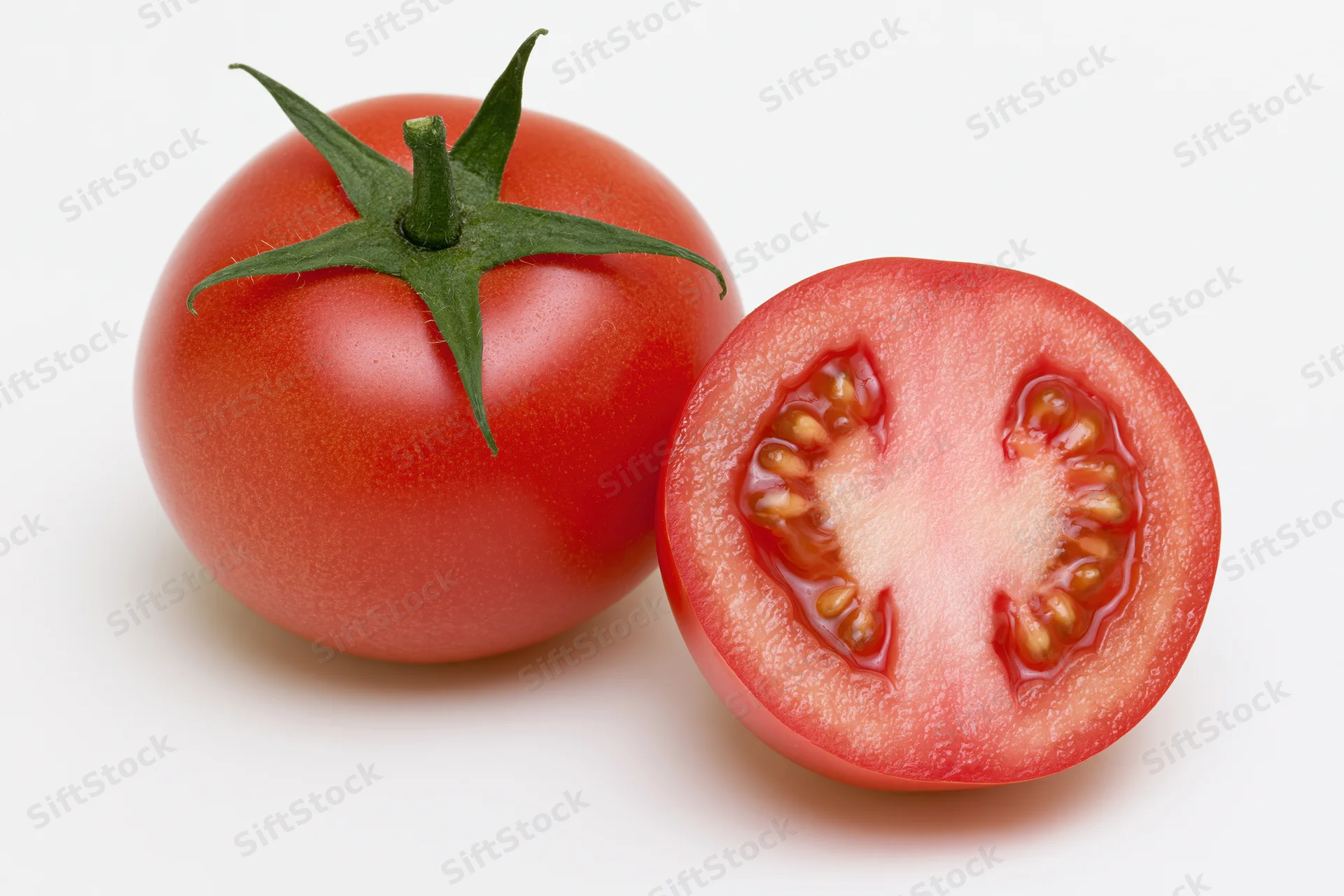 Whole and sliced ripe red tomato with green calyx on white background