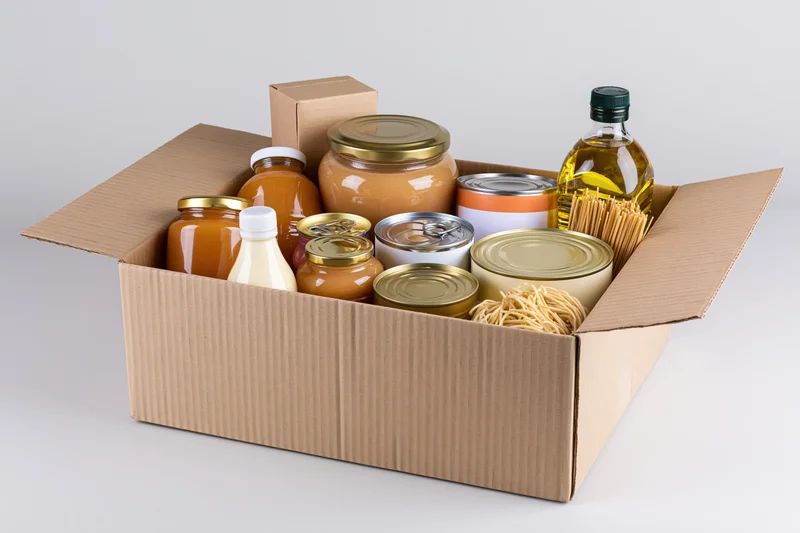 Open cardboard box filled with assorted pantry goods including jars, cans, bottles and pasta on white background