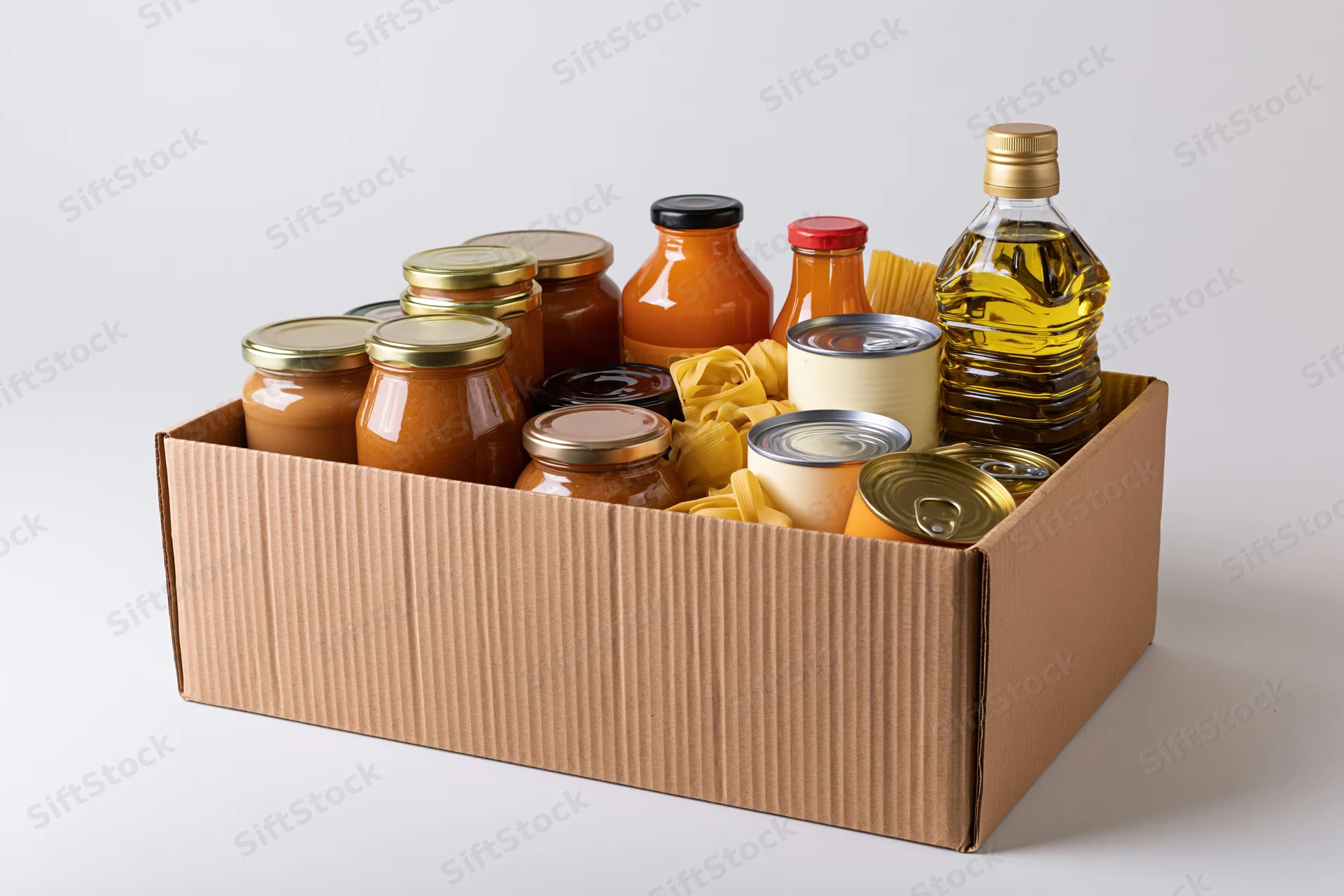 Cardboard box filled with assorted pantry goods on white background