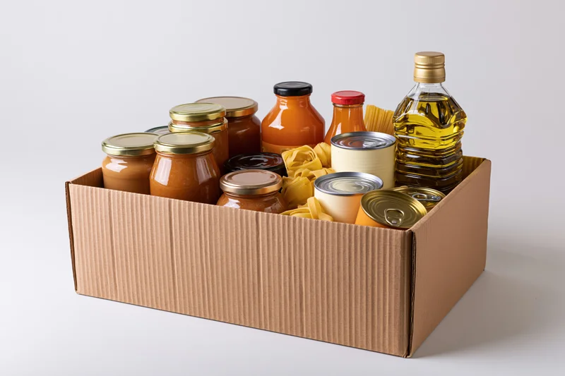 Cardboard box filled with assorted pantry goods on white background