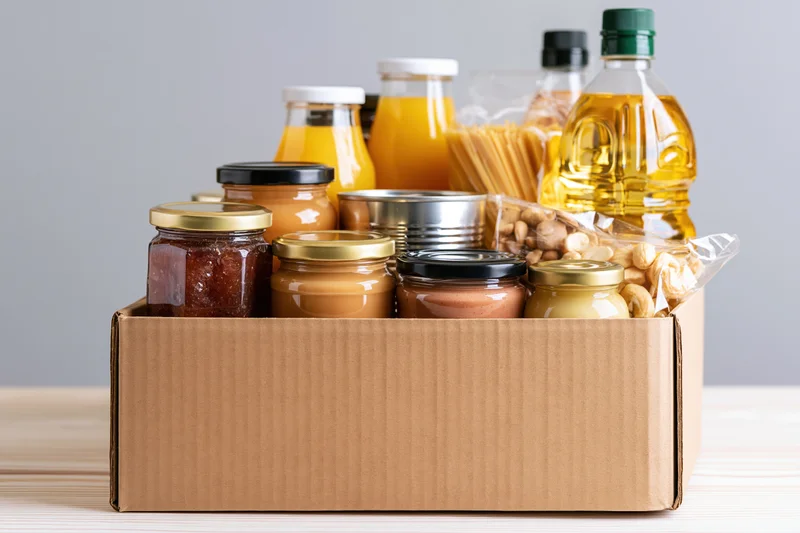 Cardboard box filled with assorted pantry staples on a wooden surface