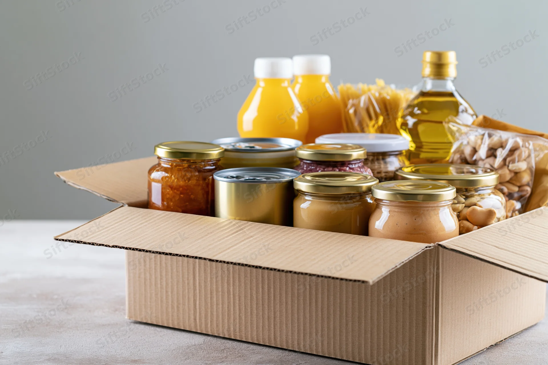 Open cardboard box filled with assorted pantry staples on a countertop