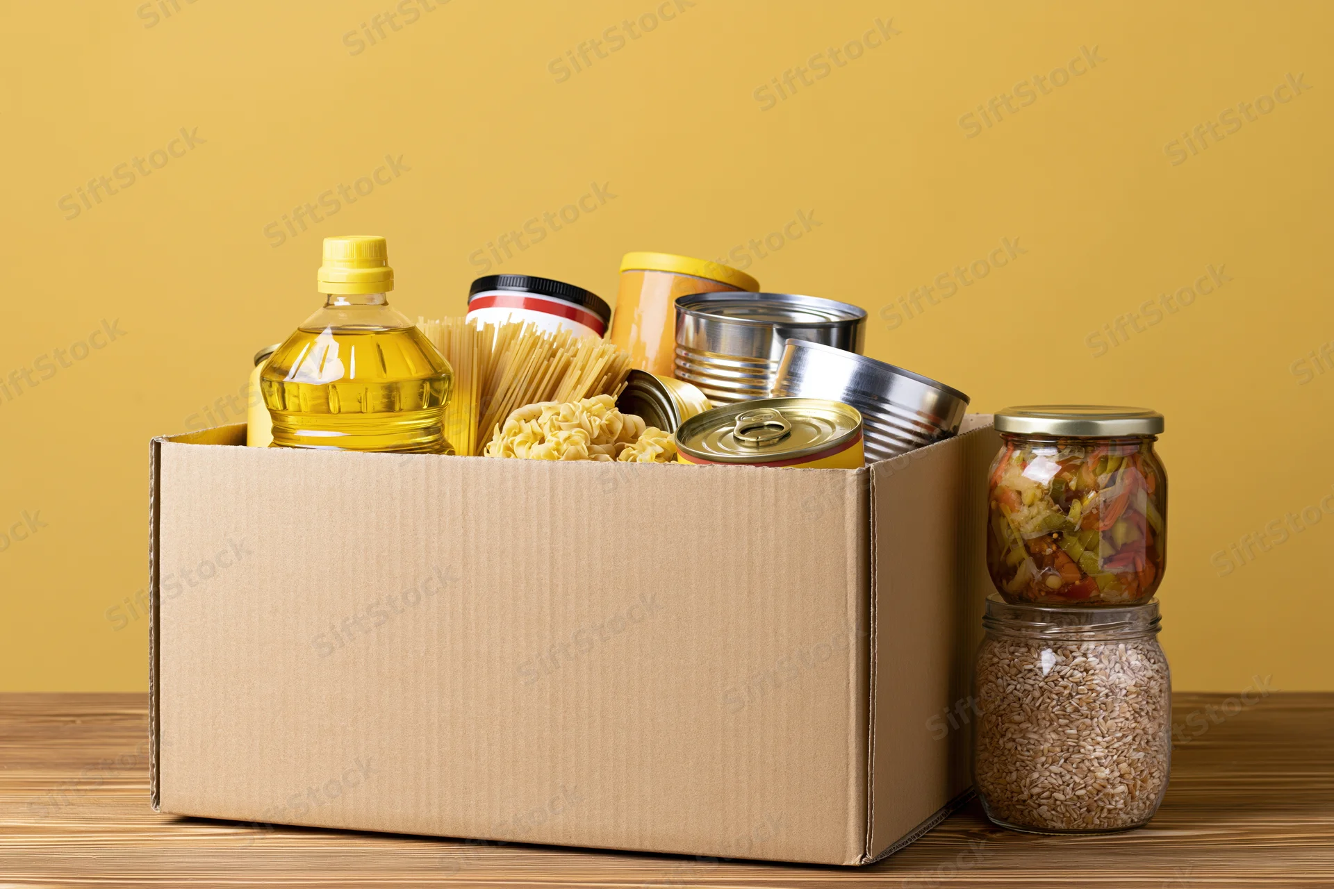 Cardboard box filled with pantry staples on wooden table against yellow background
