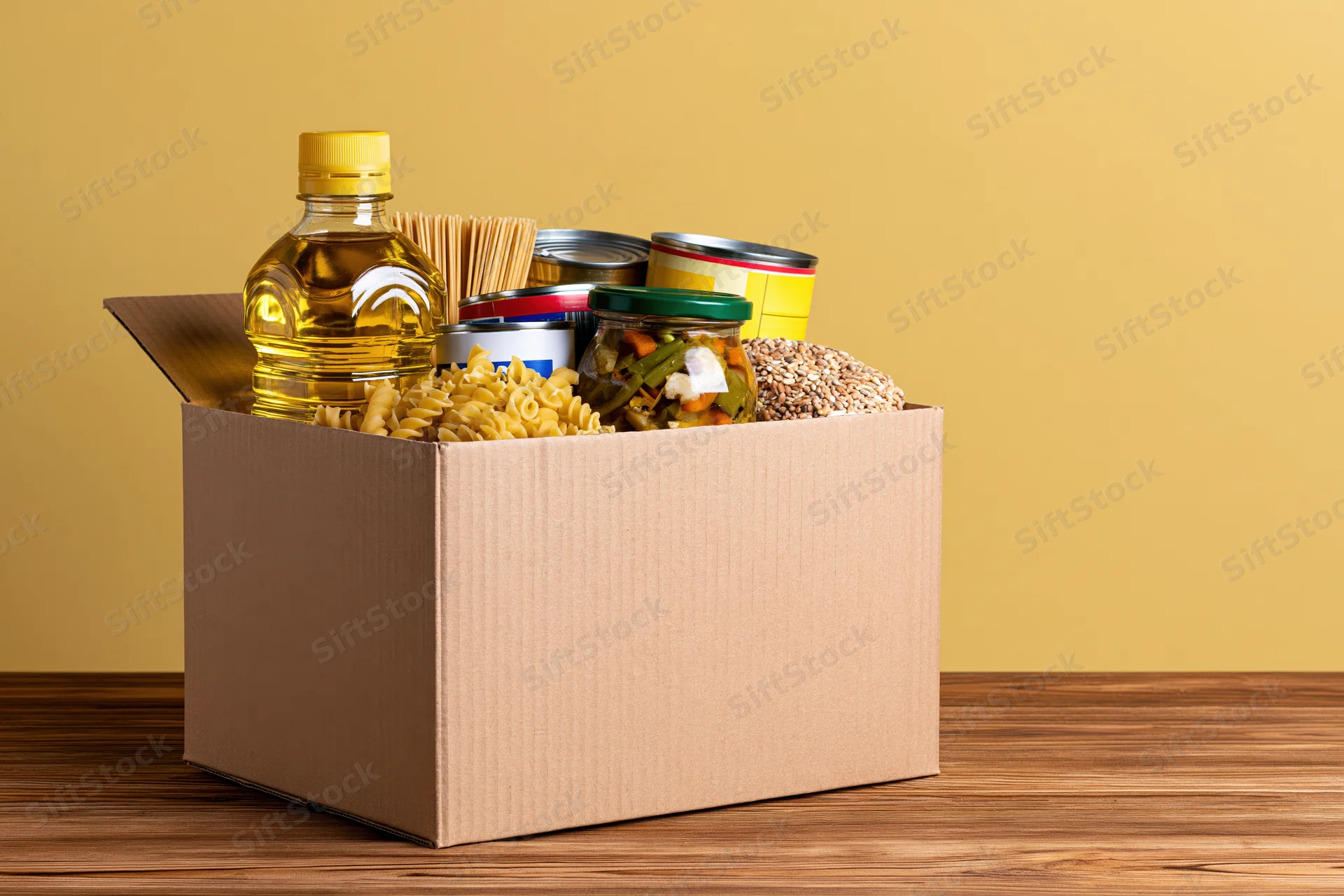 Cardboard box filled with pantry staples on wooden table against yellow background