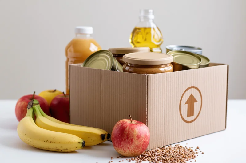 Open cardboard box filled with canned goods, jars, fruit, and grains on a white surface
