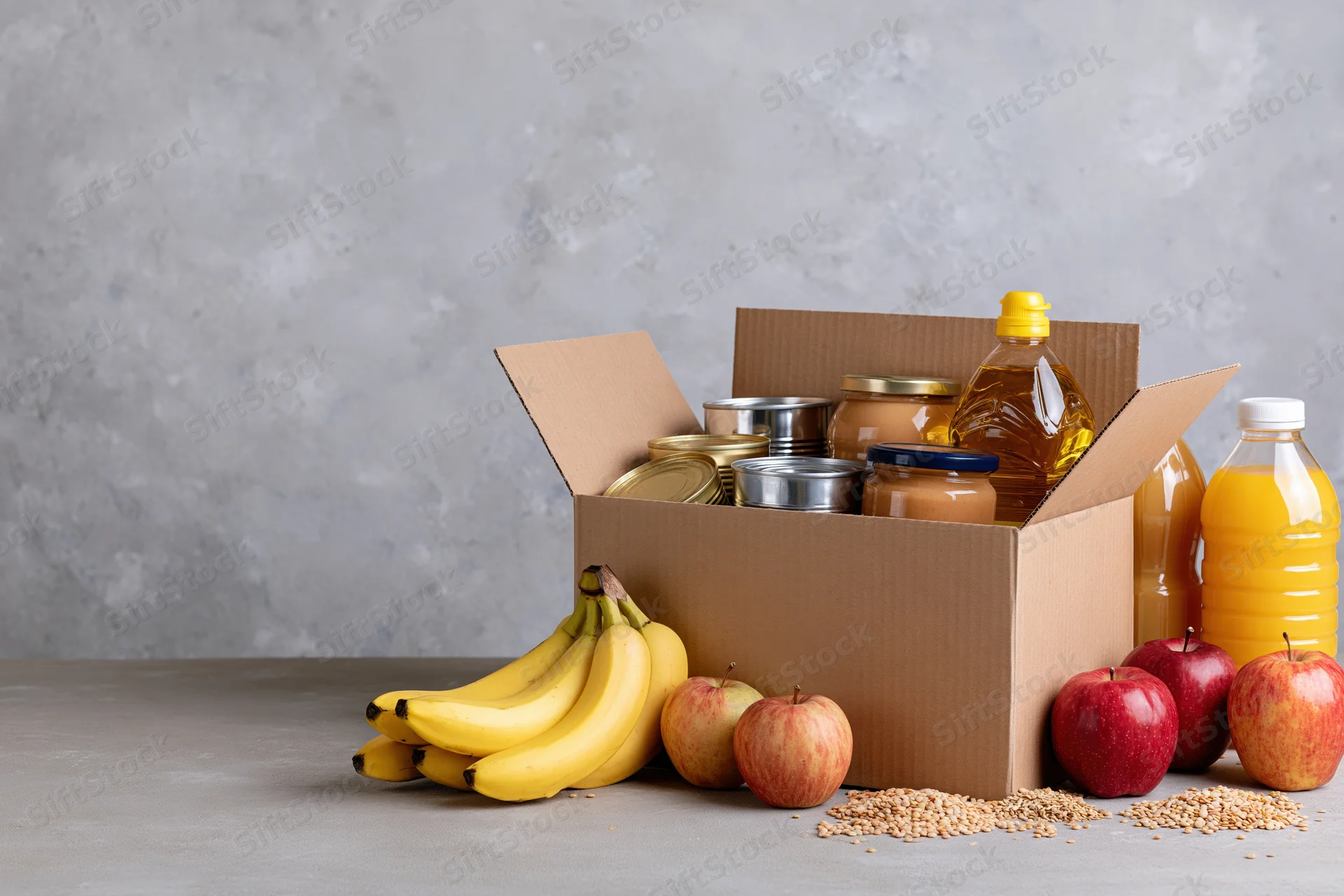 Open cardboard box filled with canned goods, fruits, and bottles on a gray surface