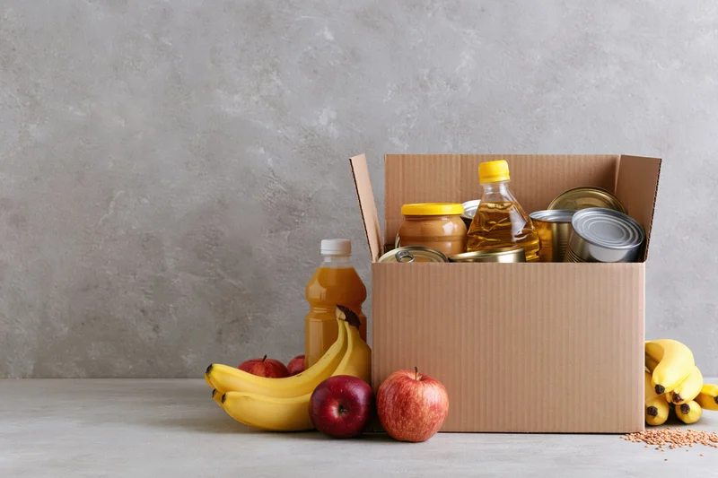 Open cardboard box filled with canned goods and fresh fruit on a concrete table
