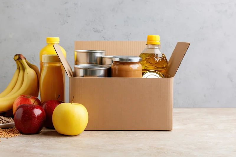 Open cardboard donation box filled with canned goods, jars, fruit and bottles on a table
