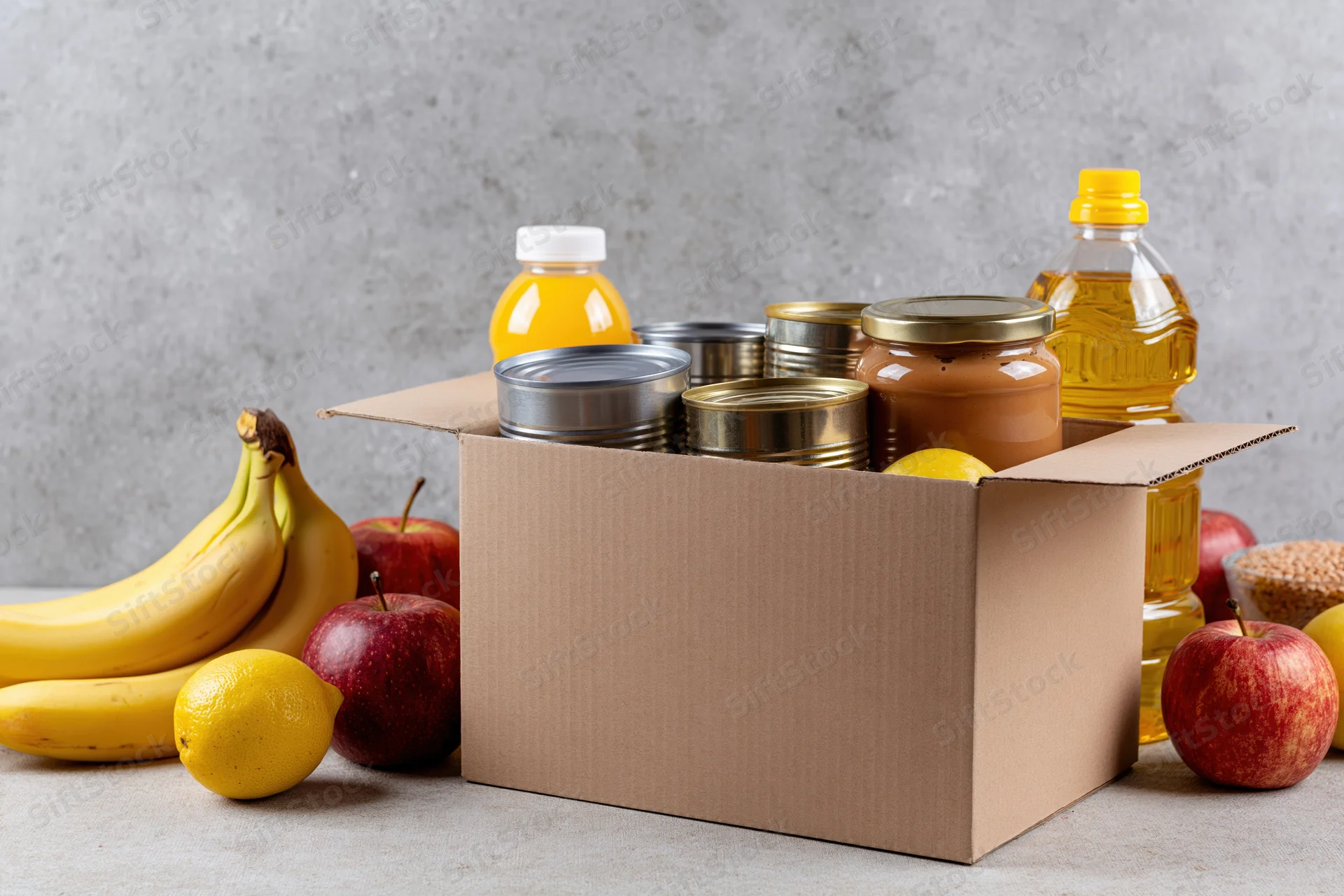 Open cardboard box filled with canned goods and fresh produce on a table