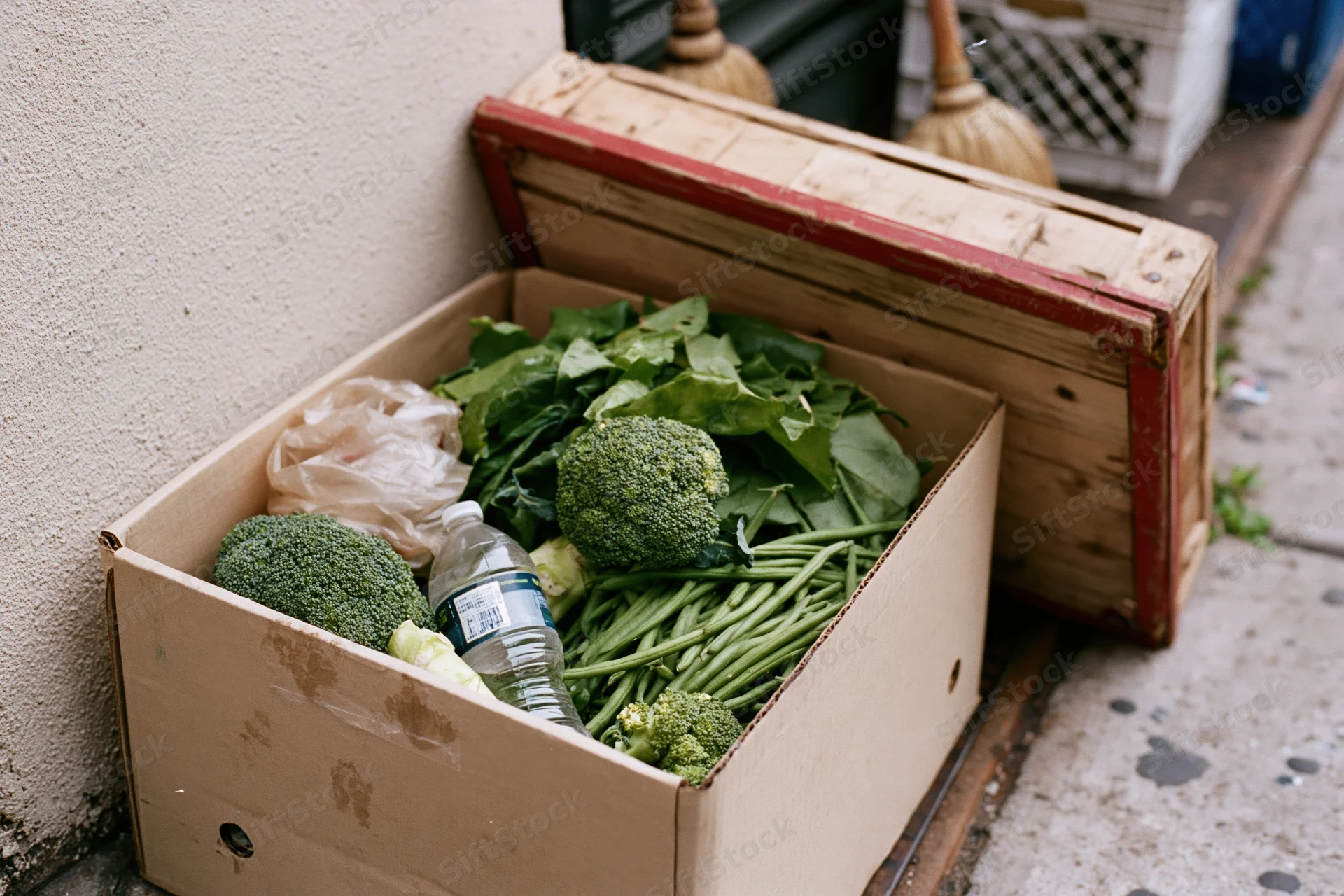 Open cardboard box filled with broccoli and green beans on a sidewalk beside a wall
