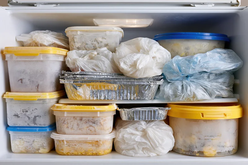 Open chest freezer filled with stacked plastic containers and aluminum trays holding frozen meals and food wrapped in plastic bags
