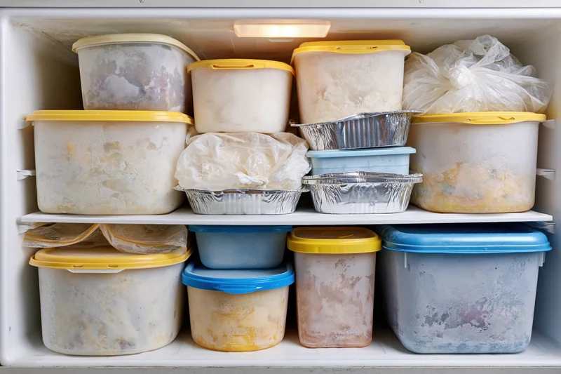 Open chest freezer filled with stacked plastic and aluminum food containers on shelves