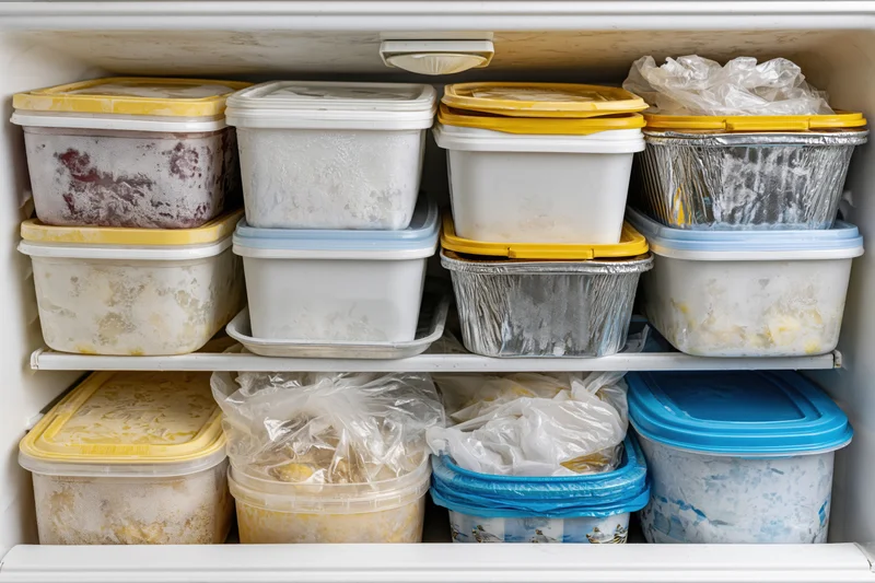 Stacked plastic and aluminum food containers inside a chest freezer shelf