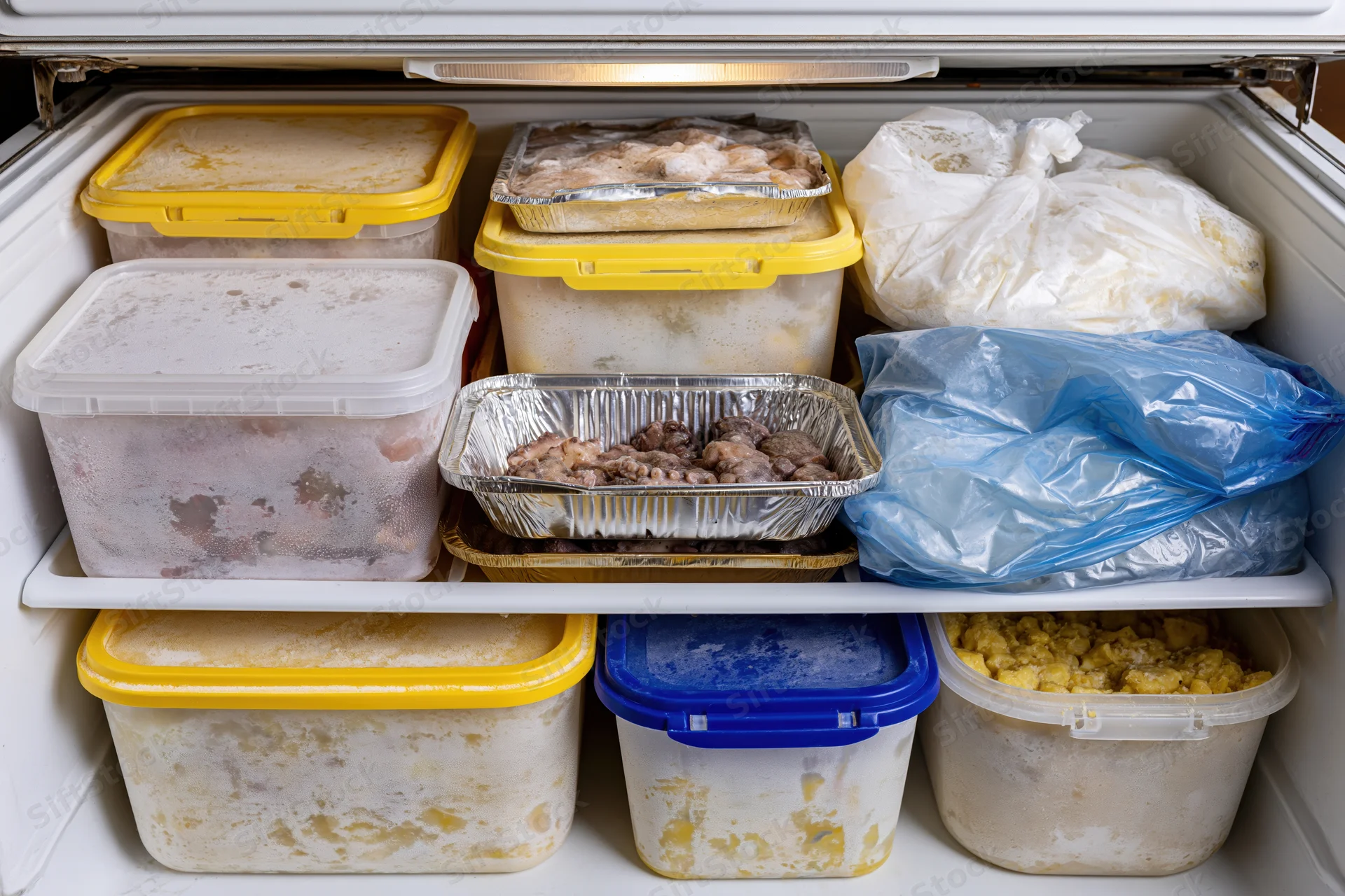 Open chest freezer filled with plastic containers and aluminum trays of frozen food