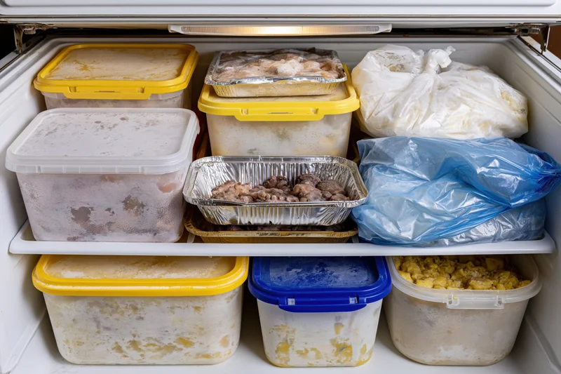 Open chest freezer filled with plastic containers and aluminum trays of frozen food